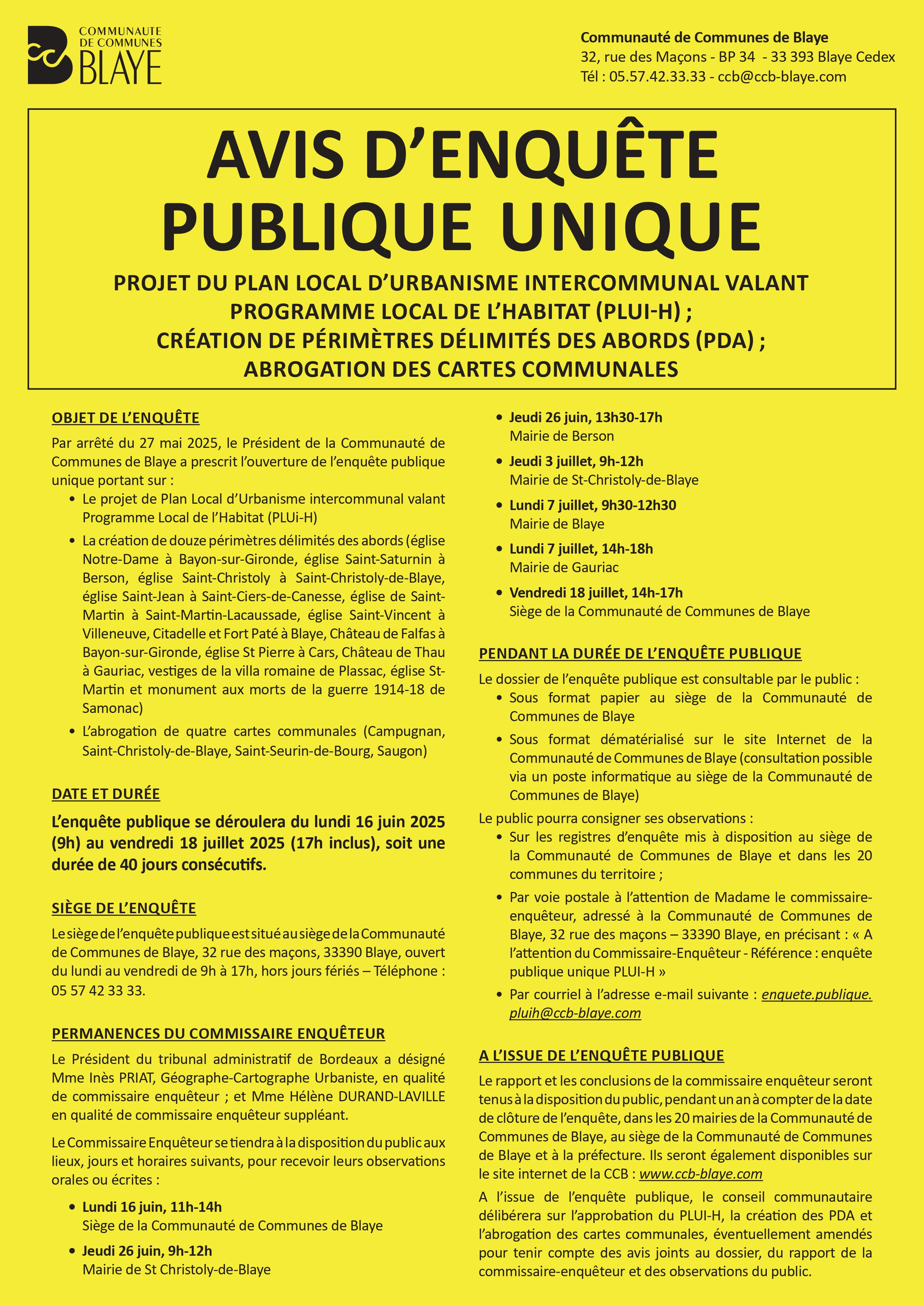 Avis d'enquête publique unique: PLUIH